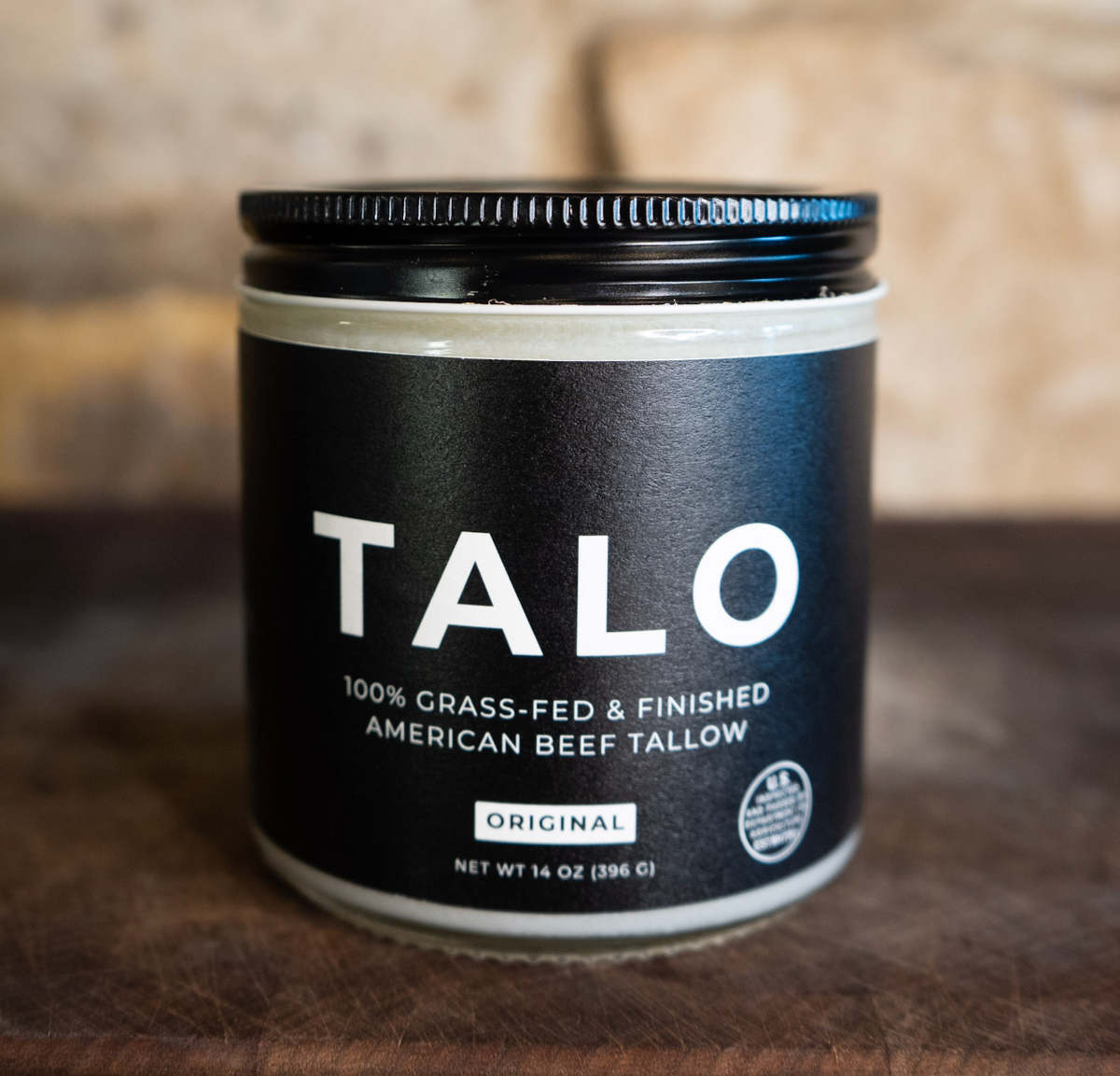 TALO SCOOP 14 oz jar of 100% grass-fed, grass-finished American beef tallow, front label with the lid on