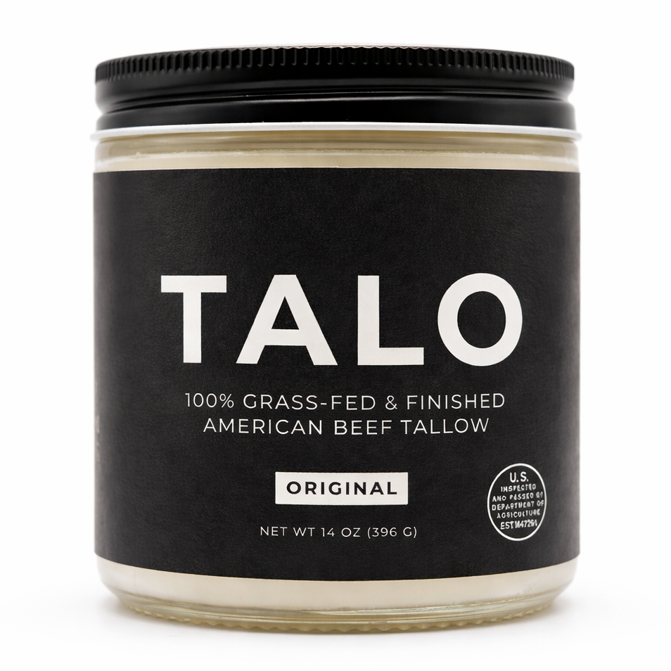 TALO 100% grass-fed and grass-finished American beef tallow in a glass jar