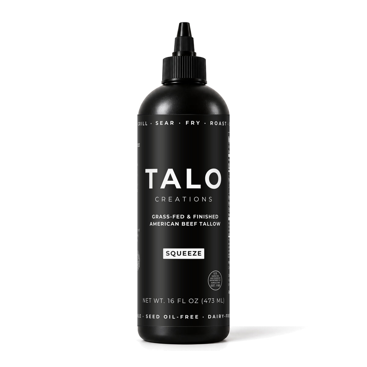 TALO Squeeze, 16 oz grass-fed and finished American beef tallow in a black squeeze bottle