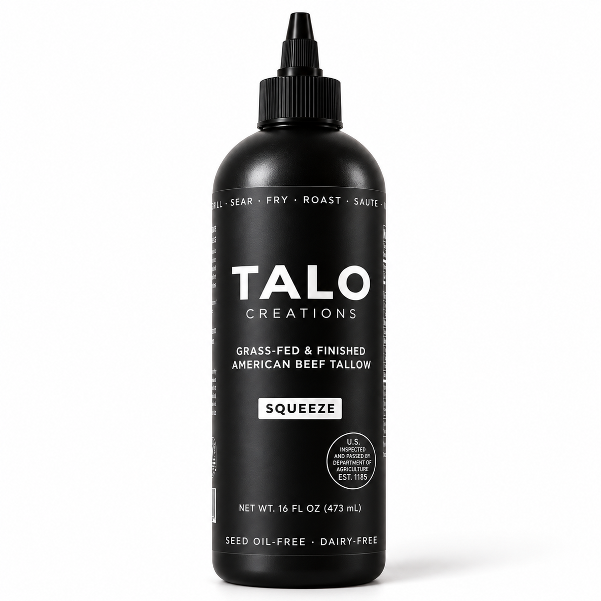 TALO Squeeze 16 oz grass-fed and finished American beef tallow in a black squeeze bottle